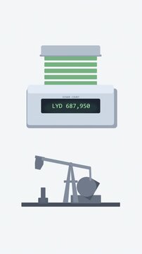 Libyan dinar banknotes counted by machine next to oil pump, petroleum energy business finance