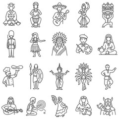 Fototapeta premium A collection of diversity icons representing traditional costumes and multicultural people from world cultures and cultural heritage across the globe.