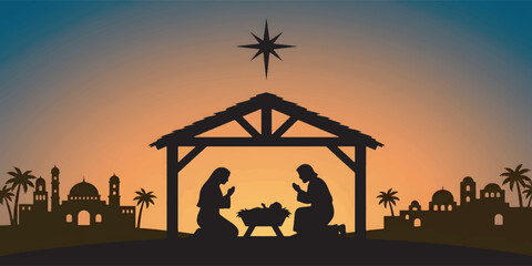 Fototapeta premium Nativity Scene Silhouette at Sunset with Bethlehem Skyline.