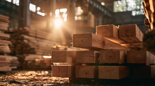 Stacked lumber beams illuminated by sunlight in a workshop.