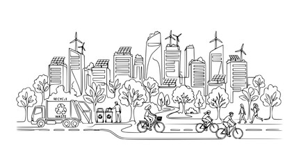Naklejka premium Eco-friendly city skyline with renewable energy, cycling, and recycling truck