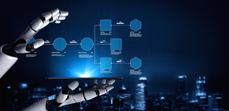 Futuristic Robot Hand Holding Digital Interface with Flowchart in Night City Background Showcasing Technology and Innovation Quark.