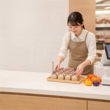 店員がカウンターでハロウィンの小袋を整える