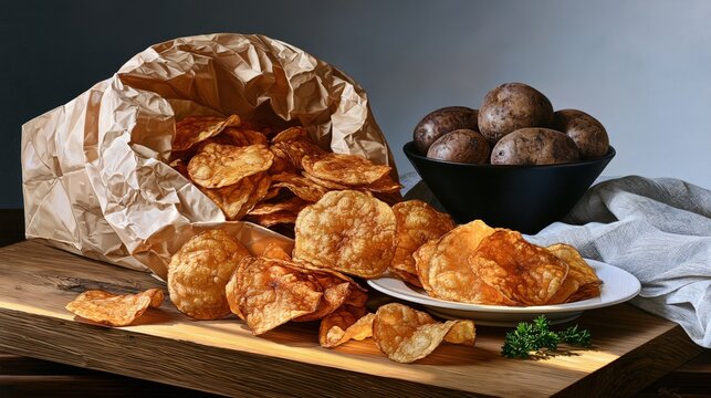 Crispy potato snacks are presented with whole potatoes and a scattering of parsley.