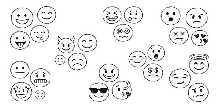 Face emoji icon set. Hand drawn doodle sketch style happy, angry, sad mood face emoticon background. Funny cartoon characters smile, wink, kiss emoji. Cute circle emotion element. Vector illustration