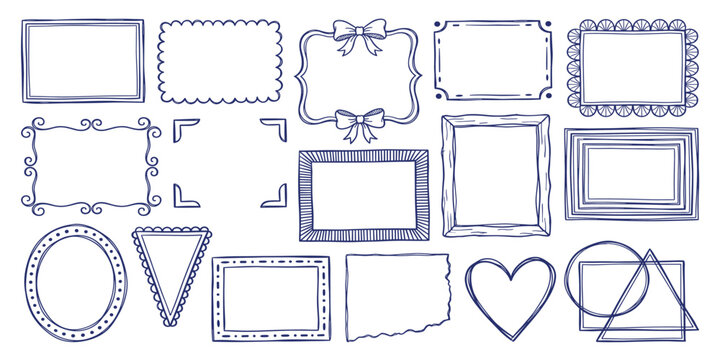 Frame border hand drawn line set. Frame border line hand drawn doodle rectangle vintage wavy bow picture. Cute whimsical decoration scallop squiggly curly wedding invitation. Vector illustration