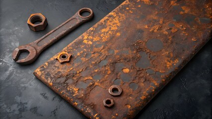 Naklejka premium Heavily Corroded Rusty Metal Plate with Wrench and Nuts on Dark Background