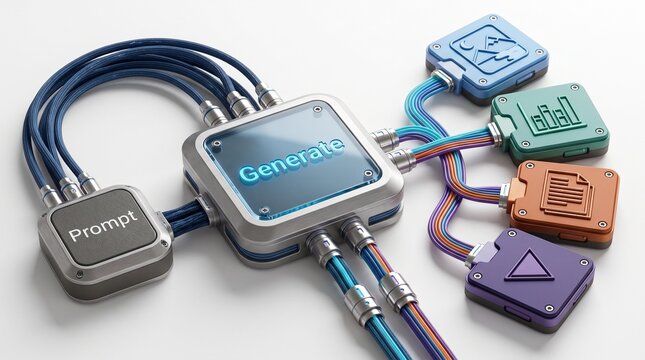 Artificial intelligence content generation concept with central hub connecting prompt input to diverse media outputs like images text and video