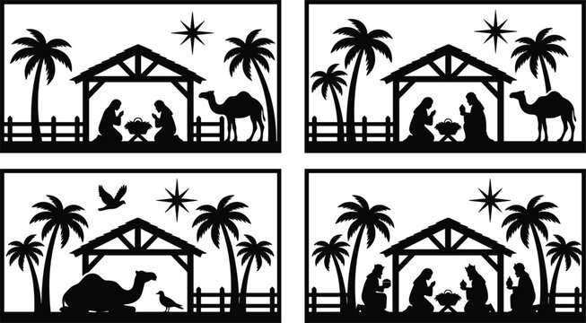 Christmas nativity scene rectangular panels featuring holy family stable silhouettes and desert camel laser cut vectors