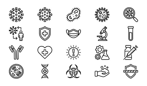 Virus microbiology and medical protection thin line icon set EPS10 vector