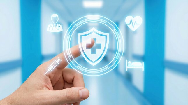 AI digital health insurance policy medical cloud services concept with hand pointing on shield icon and medical symbols