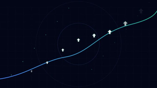 Abstract financial growth chart showing rising blue line and upward arrows on a dark grid background