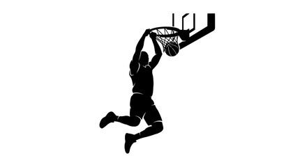Silhouette of a basketball player performing a powerful slam dunk into the hoop. © Story