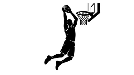 Black silhouette of a basketball player performing a powerful slam dunk into the hoop. © Story
