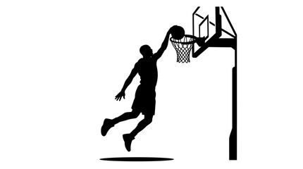 Black silhouette of a basketball player performing a powerful slam dunk into the hoop. © Story