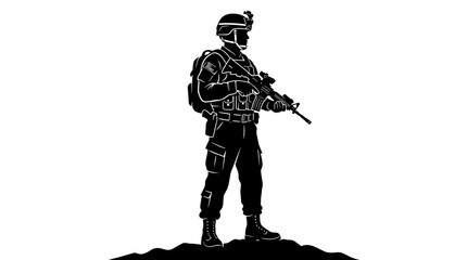 Naklejka premium Black silhouette of a soldier standing on a hill holding a rifle.