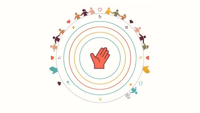 Circular diagram of diverse people holding hands around a central hand with concentric colorful rings representing unity and community