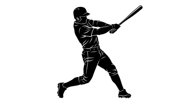 Black and white silhouette of a baseball player hitting the ball with a bat.