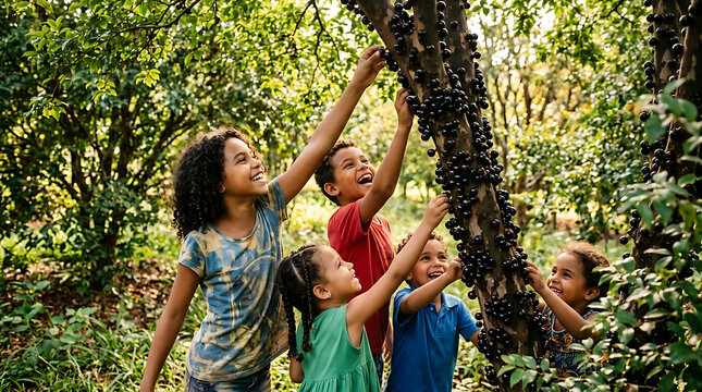 jaboticaba fruit Joyful children picking fresh Brazilian Jabuticaba fruit directly from the tree trunk in a lush orchard