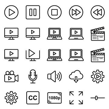 Playback controls - Comprehensive set of video player icons and multimedia buttons for movie production and streaming service in a unique hand-drawn
