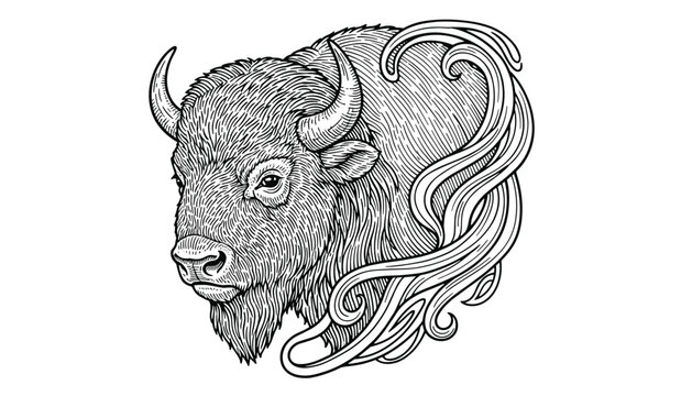 Detailed profile portrait of a majestic American bison with swirling hair is rendered in a vintage engraving style.