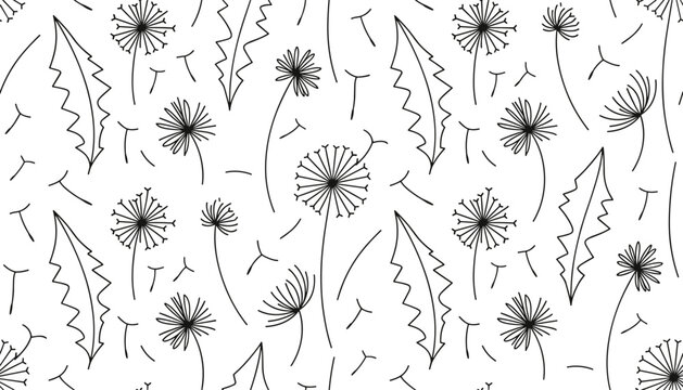 Delicate and elegant seamless pattern of hand-drawn black dandelions and leaves scattered on white background.