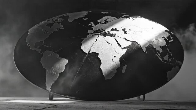 Dramatic black and white of a world map in oval shape, with vapor swirling around the earth globe creating a mysterious and ominous atmosphere.