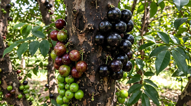 jaboticaba fruit Brazilian Jabuticaba fruit growing directly on the tree trunk showcasing cauliflory and stages of ripeness from green to dark purple