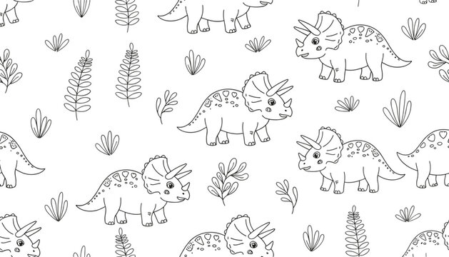 Cute seamless pattern of outline triceratops dinosaurs and exotic jungle plants on a clean white background.