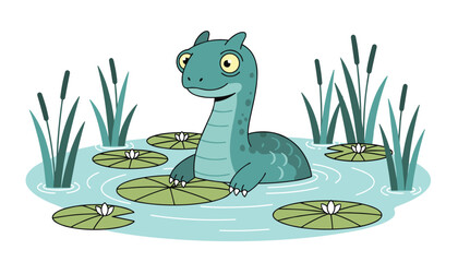 Fototapeta premium Adorable baby dinosaur swimming in a peaceful lake surrounded by green water lily pads and tall reeds.