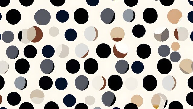 Abstract geometric pattern with circles and crescent shapes in black, grey, blue, and beige. Modern seamless graphic design.