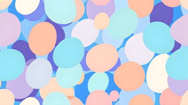 Modern abstract seamless pattern with pastel colored irregular circles and oval shapes on a blue background. Soft geometric design.