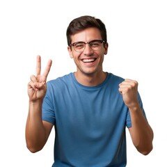Fototapeta premium Happy young man with glasses celebrating victory and making a peace sign with his hand
