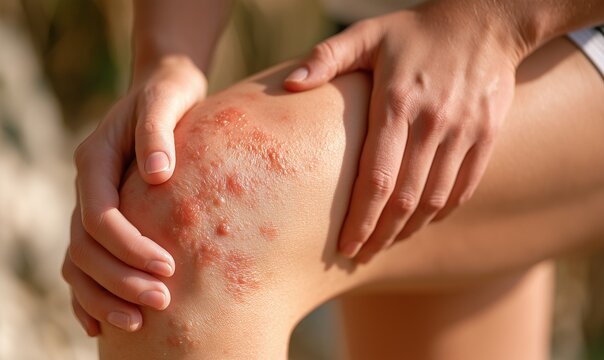 A person's knee is uncomfortable due to skin irritation. Inflamed skin and red spots indicate an allergic reaction or insect bite.
