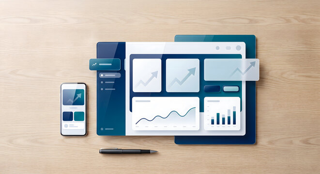 Modern dashboard graphic design template with data charts and smartphone on wooden desk.