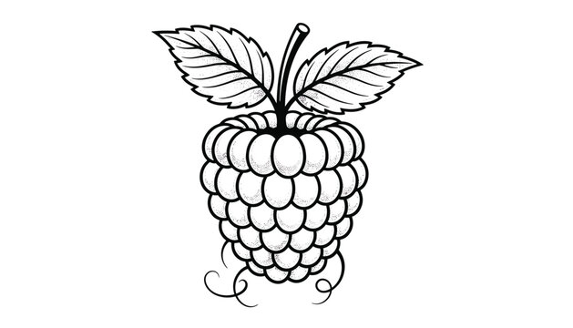 Detailed black and white sketch of a ripe raspberry with two textured leaves and delicate stems on a white background.