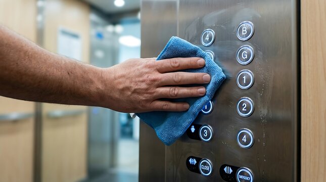 Hand using a blue microfiber cloth to wipe and sanitize a stainless steel elevator button control panel