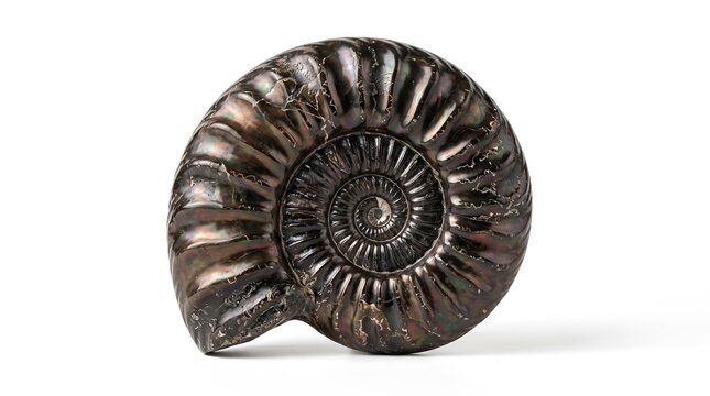 An isolated dark brown ammonite fossil specimen featuring intricate spiral shell patterns displayed on a clean white background for scientific study and geological collection