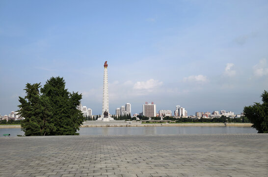 Juche Tower and the Taedong River embankment in Pyongyang