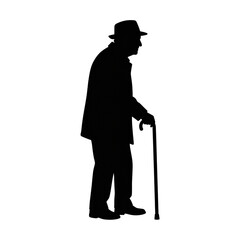 Fototapeta premium Silhouette of an elderly man wearing a hat and walking with a cane on transparent background.
