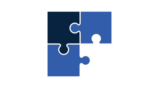 Three interconnected square puzzle pieces with vibrant blue and dark navy shades displayed in a minimalist clean flat vector design