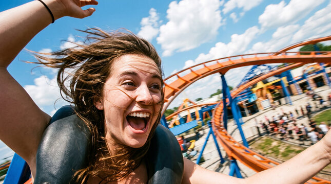 Young Woman Screaming with Joy on a Roller Coaster Ride at an Amusement Park