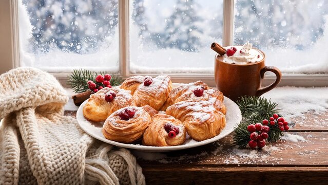 Festive winter breakfast with pastries and hot chocolate on snowy windowsill, cozy Christmas atmosphere