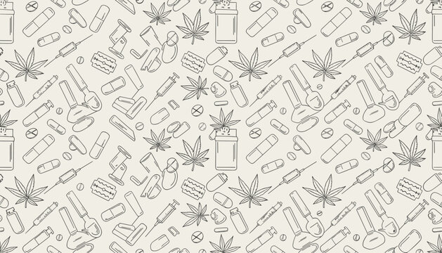 Hand drawn seamless vector pattern of drug related icons like pills syringes and marijuana leaves on beige.