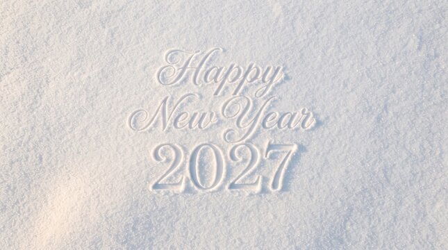 Happy New Year 2027 carved text in fresh white snow.