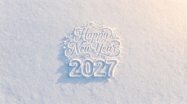 Happy New Year 2027 text written on white winter snow.