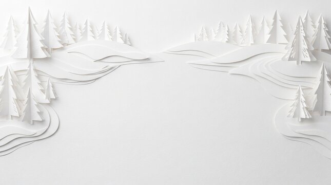 Abstract white paper cut winter snowy landscape frame background.