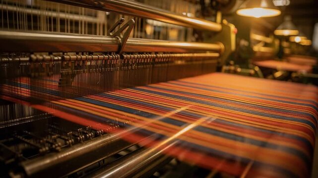 Experience the captivating rhythm of vibrant threads weaving in a traditional textile machine