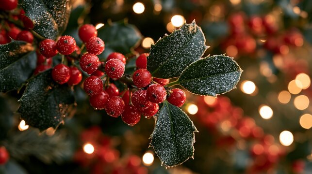 Close up of bright red holly berries with green leaves.