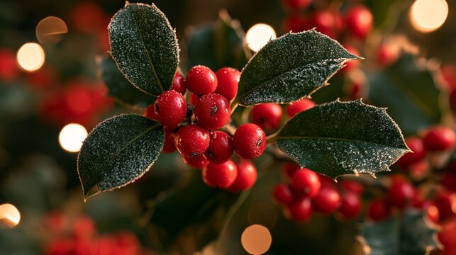 Branch of red holly berries in a dark winter forest.